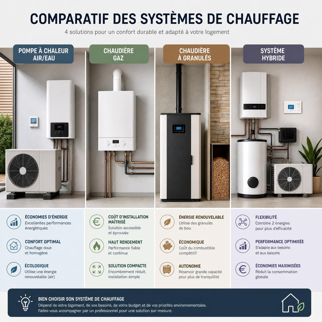 PAC air/eau, chaudière gaz, hybride ou granulés : quel système choisir pour votre maison ?